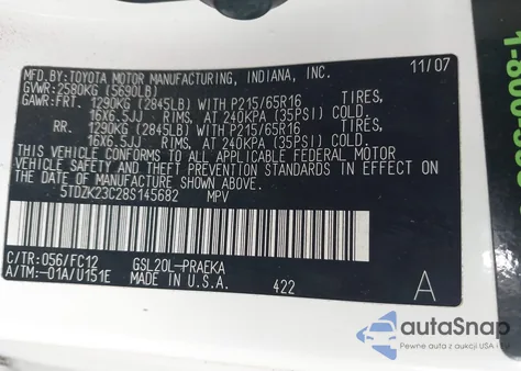 2008 Toyota Sienna Le из США, поврежденный, VIN 5TDZK23C28S145682